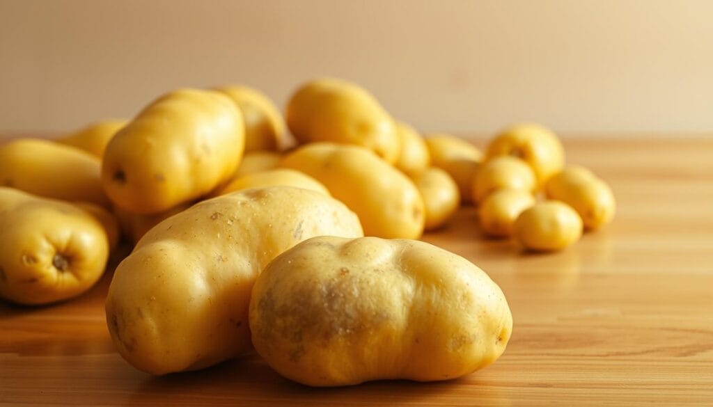 Yukon gold potatoes, their buttery hue glistening under warm studio lighting, rest atop a polished wooden surface. The tubers, freshly harvested, appear plump and unblemished, their smooth skin inviting a gentle touch. In the foreground, a pair of rustic potatoes stands out, their irregular shapes and subtle nuances hinting at the natural beauty of this versatile ingredient. The middle ground reveals a scattering of additional Yukon gold specimens, their uniform size and shape showcasing their consistency. The background fades into a soft, neutral tone, allowing the potatoes to take center stage and captivate the viewer's attention. Yukon gold potatoes, their buttery hue glistening under warm studio lighting, rest atop a polished wooden surface. The tubers, freshly harvested, appear plump and unblemished, their smooth skin inviting a gentle touch. In the foreground, a pair of rustic potatoes stands out, their irregular shapes and subtle nuances hinting at the natural beauty of this versatile ingredient. The middle ground reveals a scattering of additional Yukon gold specimens, their uniform size and shape showcasing their consistency. The background fades into a soft, neutral tone, allowing the potatoes to take center stage and captivate the viewer's attention.
