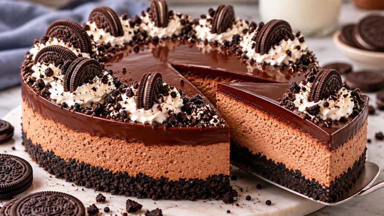 No-Bake Oreo Mousse Cake with a crunchy Oreo crust, creamy chocolate mousse, glossy ganache, and a slice lifted to reveal three layers.