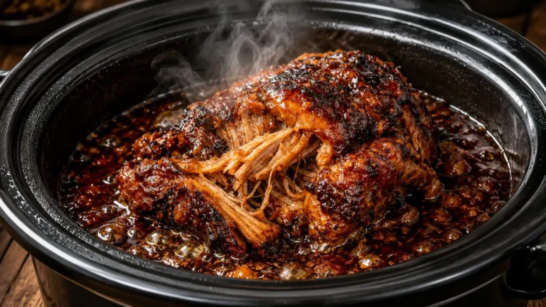 Slow-cooked pull-apart beef in a glossy sauce inside a black crockpot, shown close-up with tender shredded meat and rich caramelized texture.