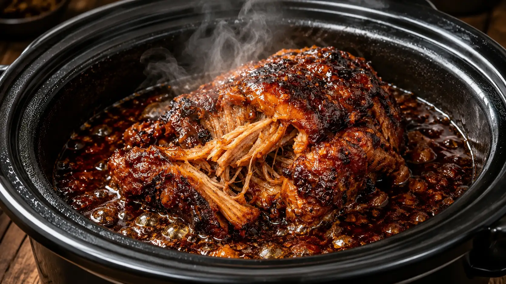Slow-cooked pull-apart beef in a glossy sauce inside a black crockpot, shown close-up with tender shredded meat and rich caramelized texture.