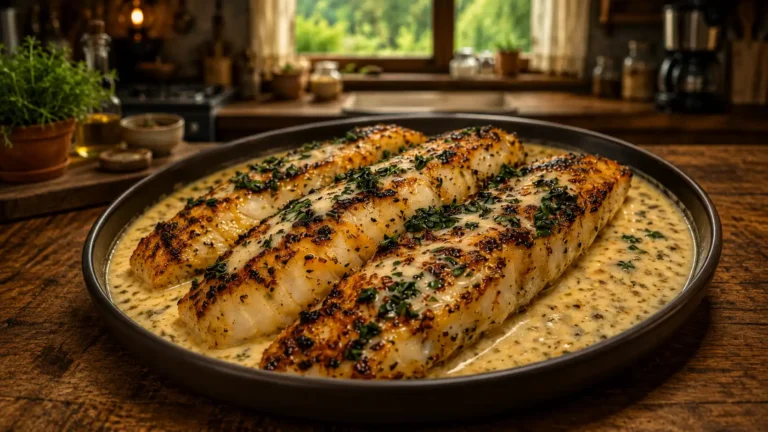 Golden seared fish fillets in creamy garlic herb sauce served in a rustic pan