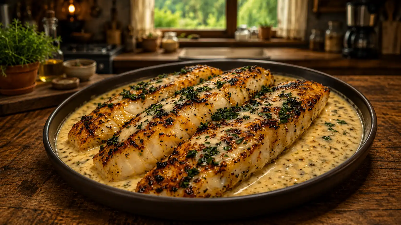 Golden seared fish fillets in creamy garlic herb sauce served in a rustic pan