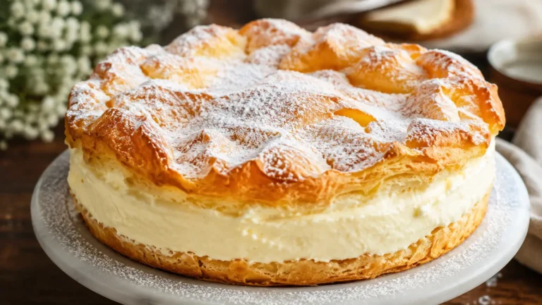 Karpatka Polish cream cake with golden choux pastry layers, thick vanilla cream filling, and powdered sugar on a rustic wooden table