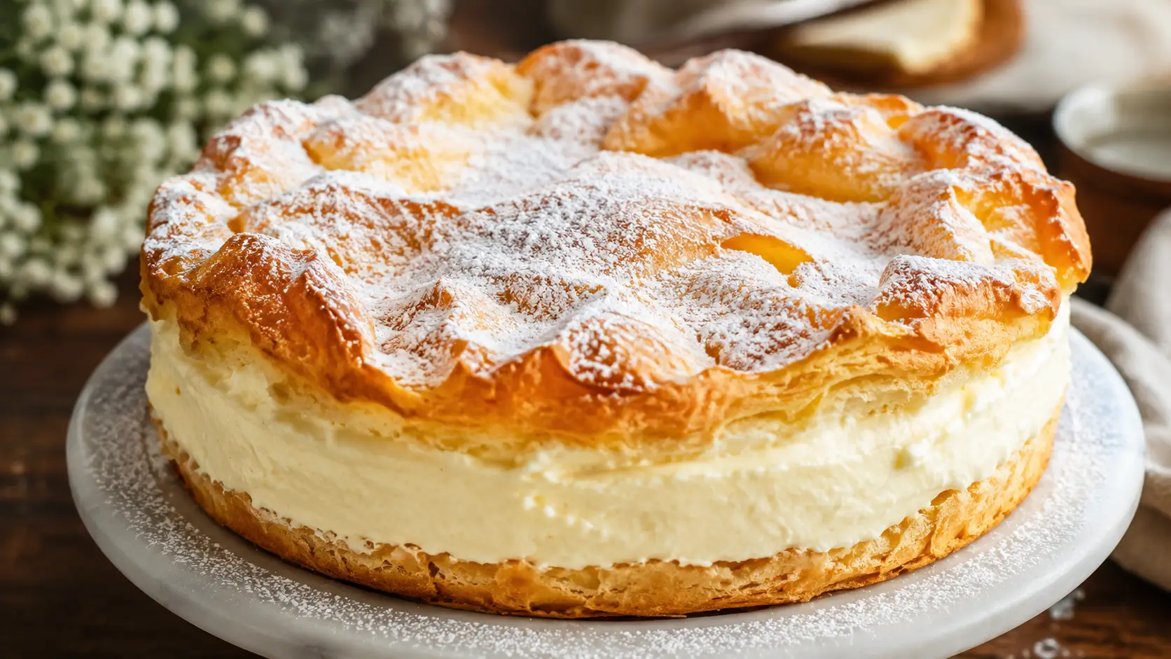 Karpatka Polish cream cake with golden choux pastry layers, thick vanilla cream filling, and powdered sugar on a rustic wooden table