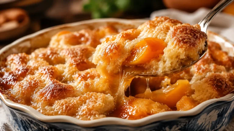 Close-up of Southern old-fashioned oven-baked peach cobbler with a golden buttery crust and juicy peach filling in the AstroRecipes rustic kitchen.
