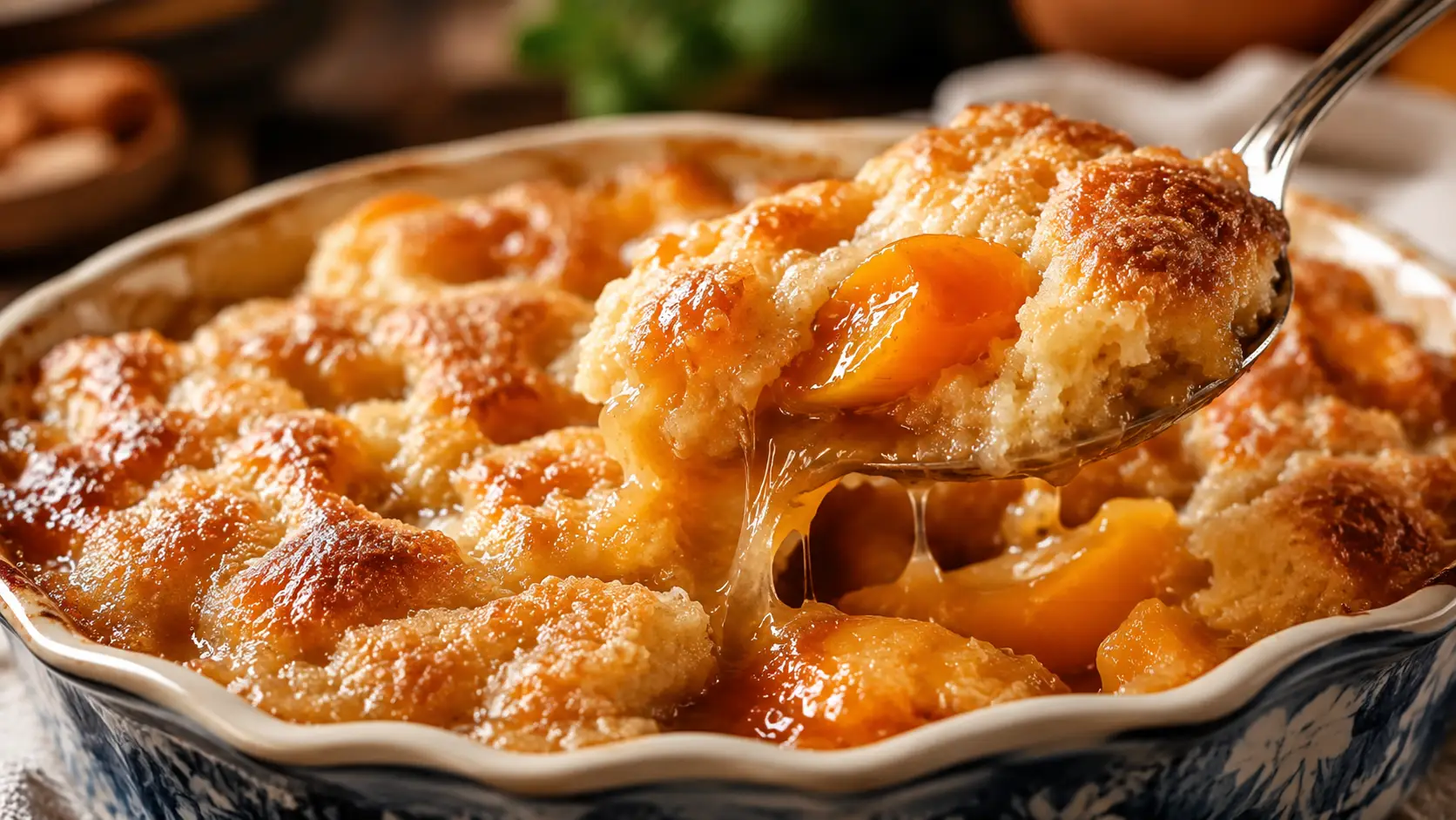 Close-up of Southern old-fashioned oven-baked peach cobbler with a golden buttery crust and juicy peach filling in the AstroRecipes rustic kitchen.