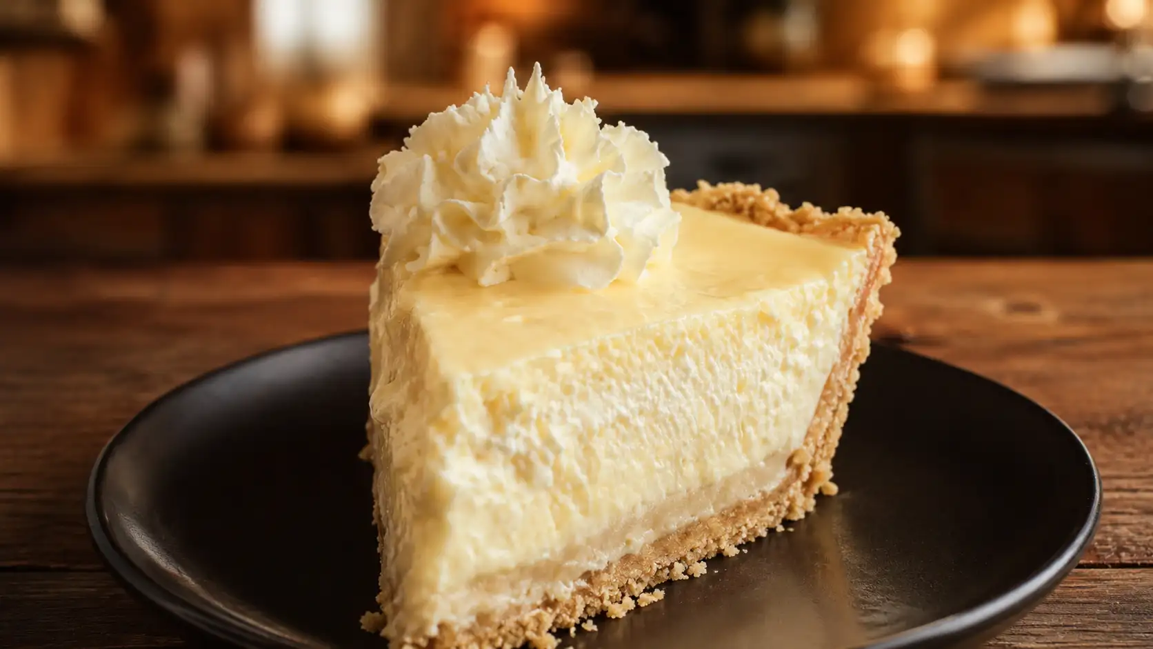 Cream cheese lemonade pie slice with whipped cream on a dark plate in a rustic kitchen