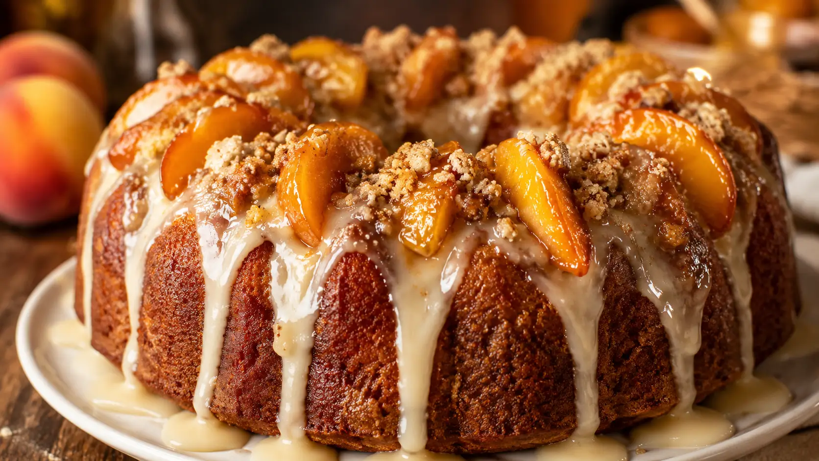 Peach cobbler pound cake with glossy peach slices, vanilla glaze, and buttery crumble on a rustic wooden table.