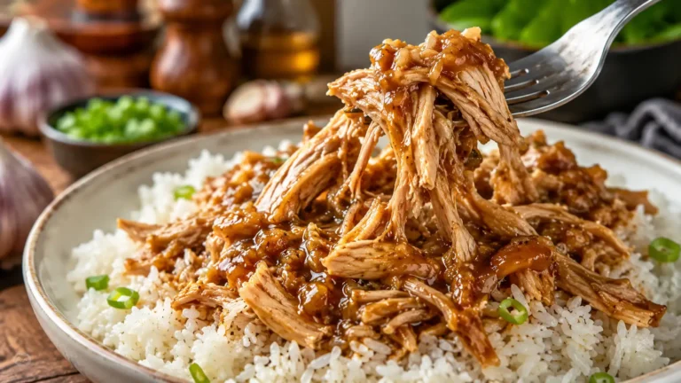 Sticky garlic shredded chicken served over fluffy white rice with glossy brown sauce and green onions.