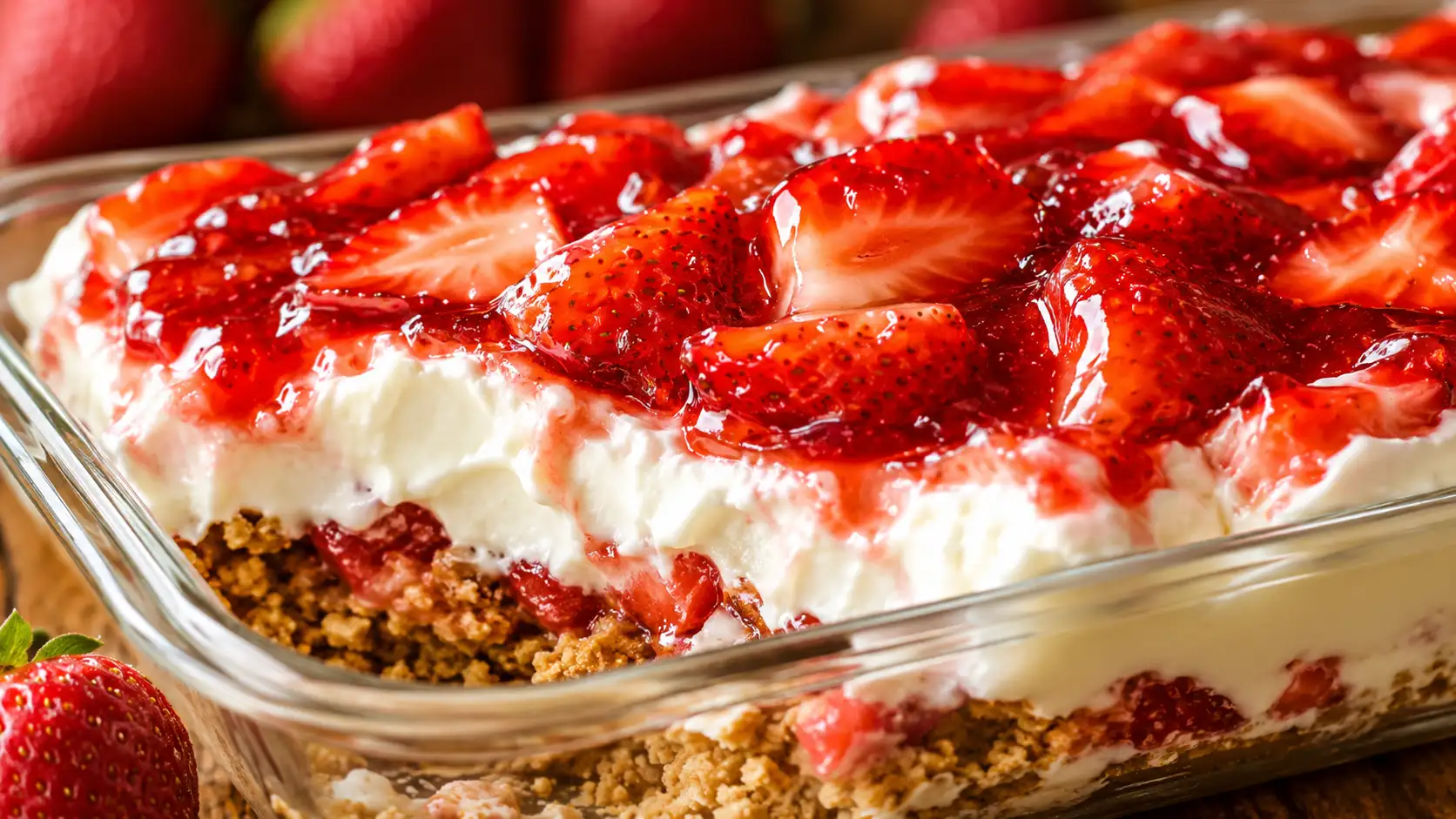 Close-up of a creamy strawberry cheesecake crunch dessert with fresh strawberries, whipped cheesecake filling, and a buttery cookie crust.