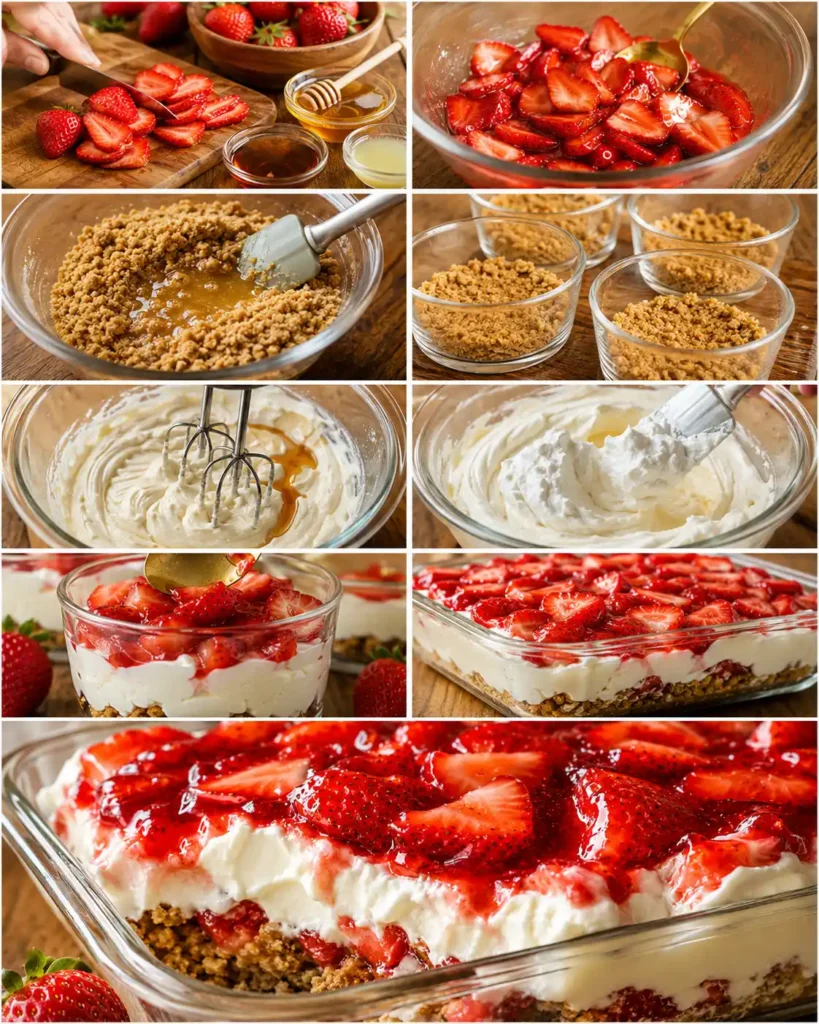 Step-by-step strawberry cheesecake crunch dessert collage showing sliced strawberries, cookie crust, creamy cheesecake filling, layering, and the final glossy strawberry dessert.