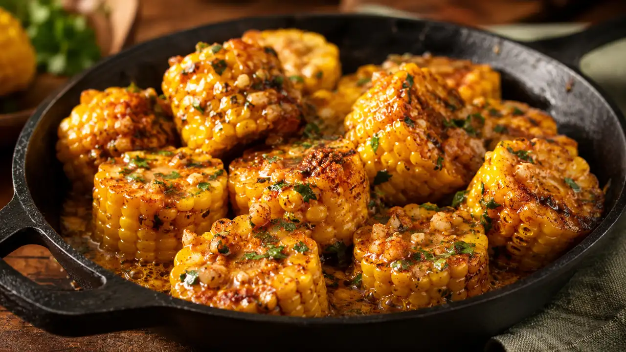 Golden garlic butter corn pieces in a cast-iron skillet with parsley, paprika, honey glaze, and glossy buttery sauce.