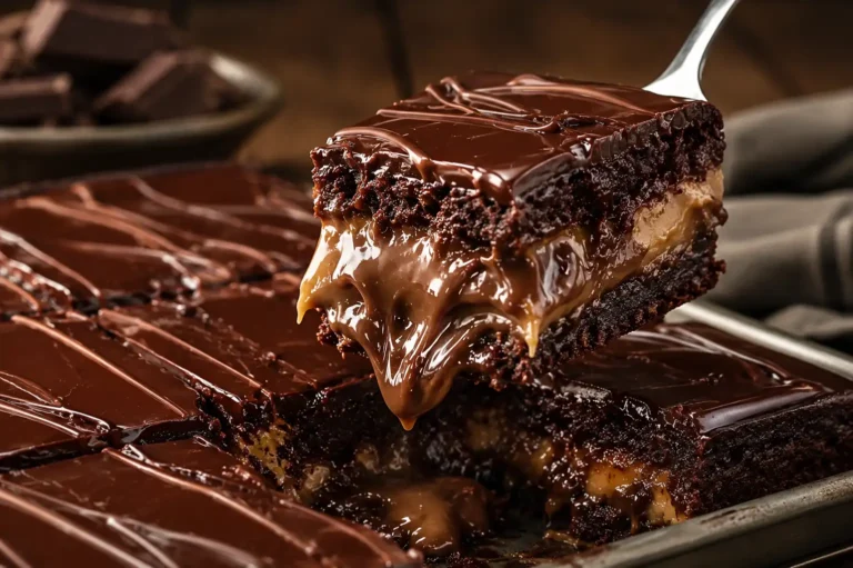 Peanut Butter Fudge Brownie Slab with gooey chocolate layers and creamy peanut butter filling