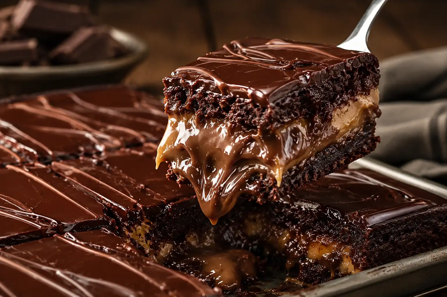 Peanut Butter Fudge Brownie Slab with gooey chocolate layers and creamy peanut butter filling