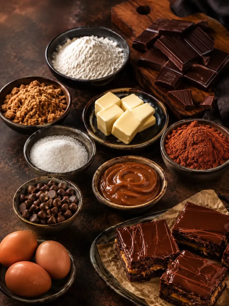 Peanut Butter Fudge Brownie Slab ingredients with chocolate, cocoa, peanut butter, eggs, butter, sugar, and flour