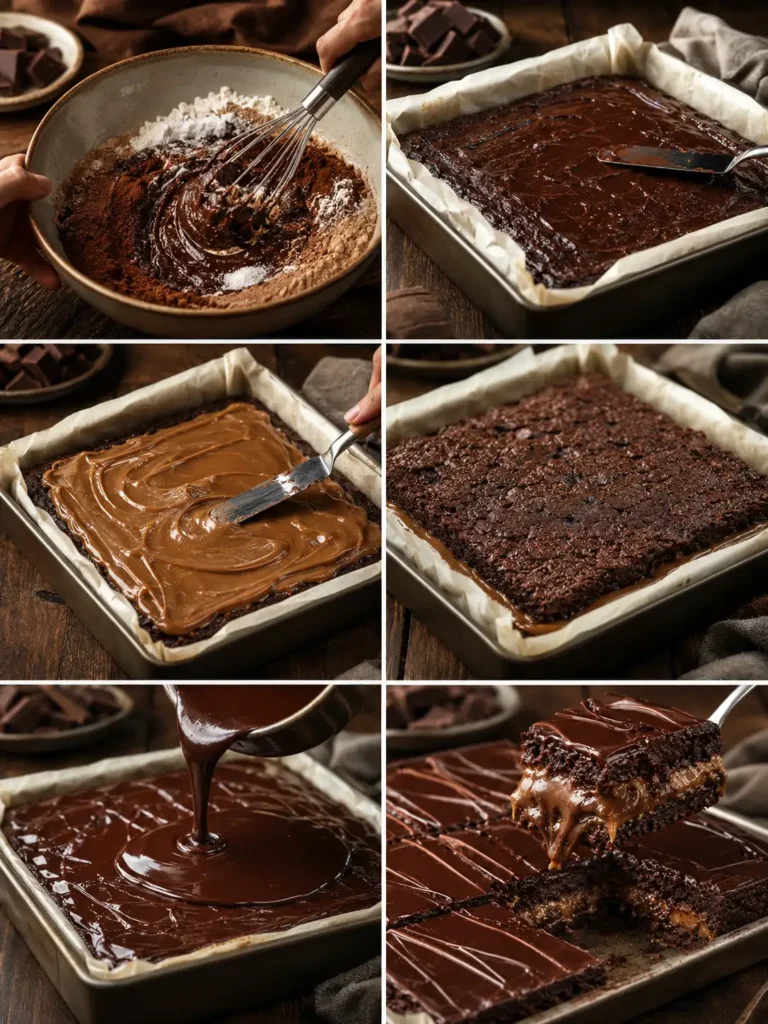 Peanut Butter Fudge Brownie Slab step by step collage showing brownie batter, peanut butter layer, chocolate topping, and sliced bars