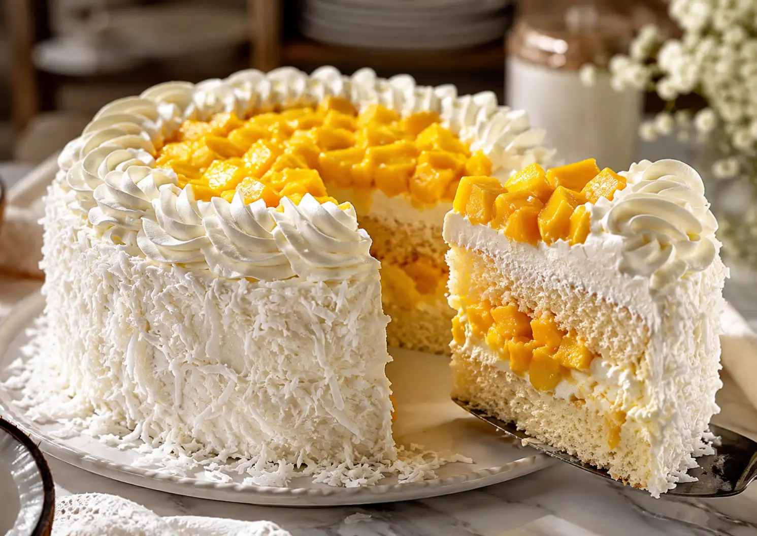 Old-fashioned mango coconut cream layer cake with whipped cream cheese frosting, shredded coconut, glossy mango filling, and a slice lifted from the cake