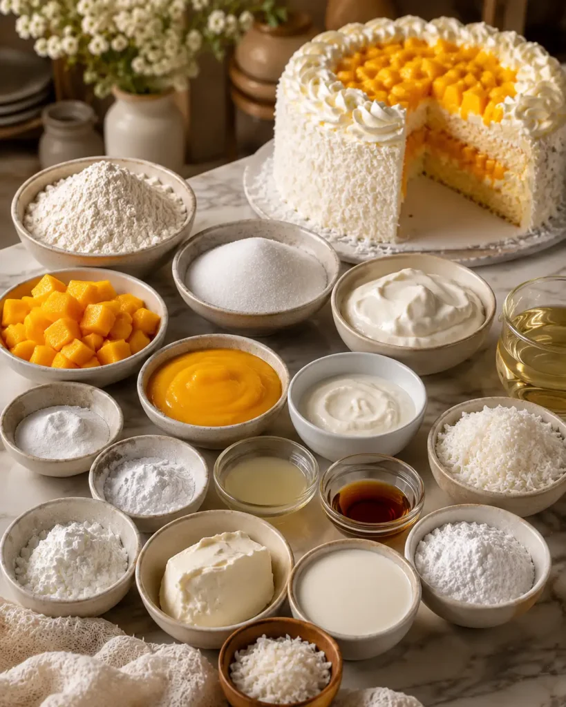 Ingredients for old-fashioned mango coconut cream layer cake with mango cubes, coconut, flour, sugar, cream cheese, yogurt, oil, and finished cake in the background
