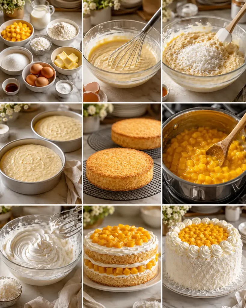Step-by-step collage showing how to make old-fashioned mango coconut cream layer cake with coconut batter, baked cake layers, mango filling, whipped frosting, and final decorated cake