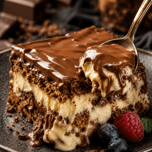 Chocolate cream layer dessert with chocolate crumb layers, vanilla cream cheese filling, and glossy chocolate ganache topping