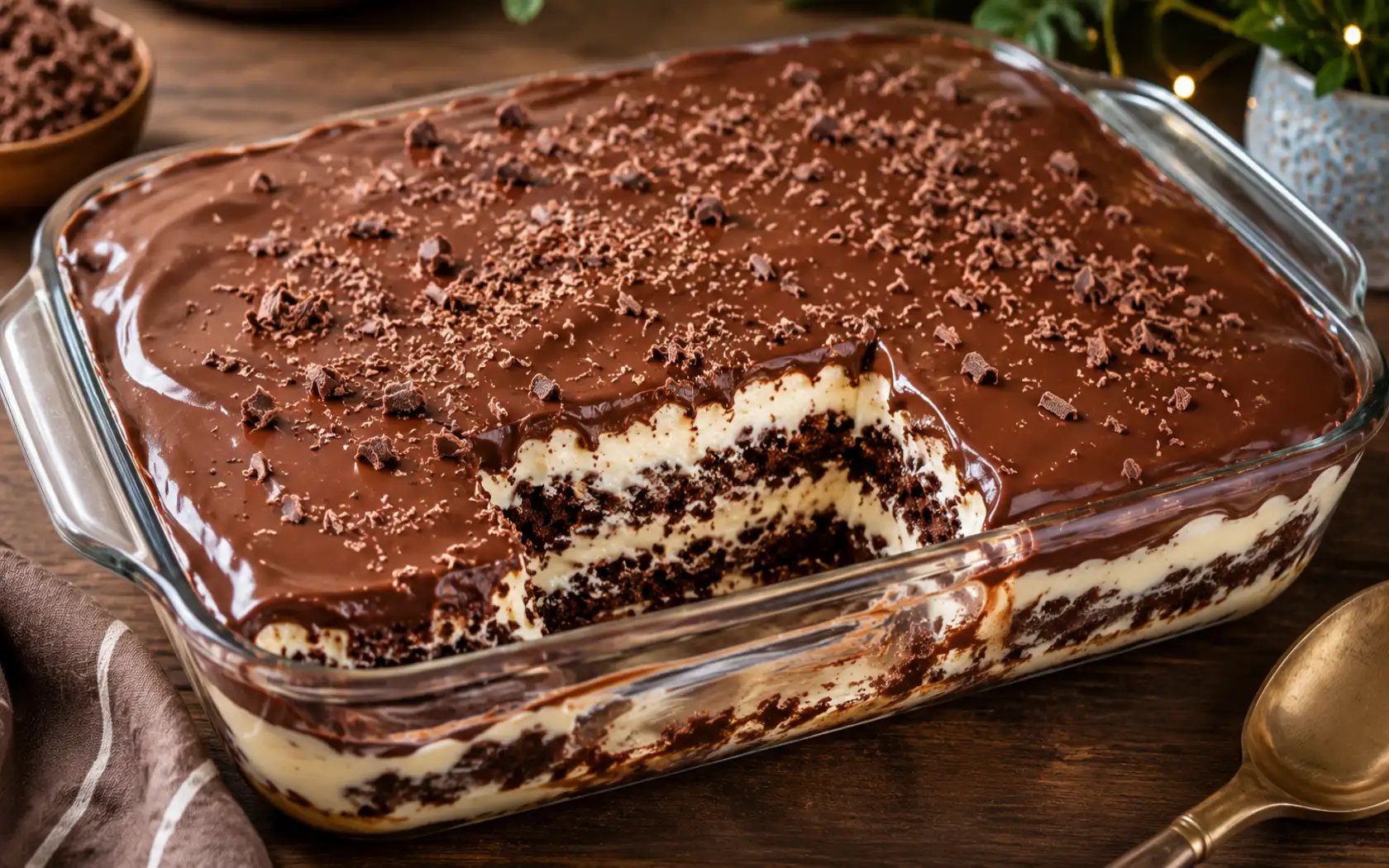 Decadent chocolate cream layer dessert in a glass casserole dish with creamy vanilla filling, chocolate crumb layers, and glossy chocolate ganache topping.