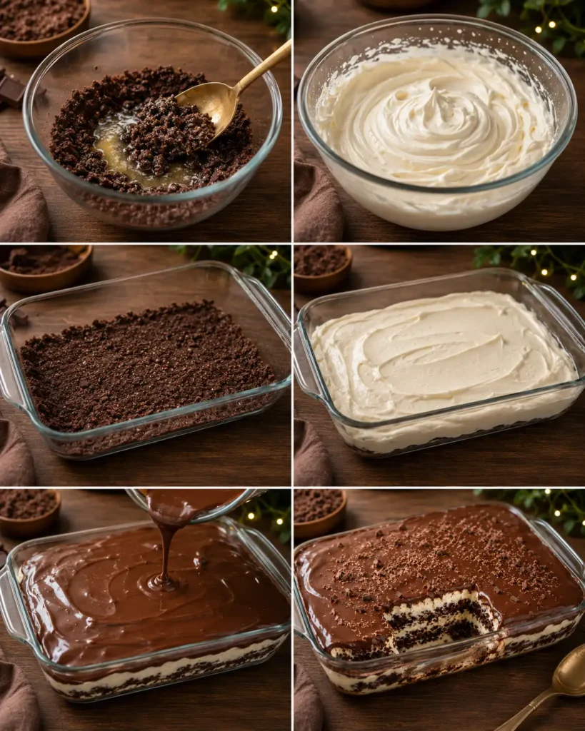 Step-by-step collage showing chocolate cream layer dessert preparation, including mixing chocolate crumbs, whipping the creamy filling, layering the dessert in a glass casserole dish, pouring chocolate ganache, and finishing the chilled dessert.