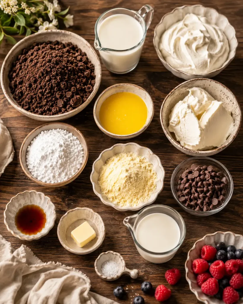 Ingredients for a chocolate cream layer dessert arranged on a rustic wooden table, including chocolate cookie crumbs, cream cheese, whipped cream, milk, melted butter, vanilla, powdered sugar, pudding mix, chocolate chips, and fresh berries.