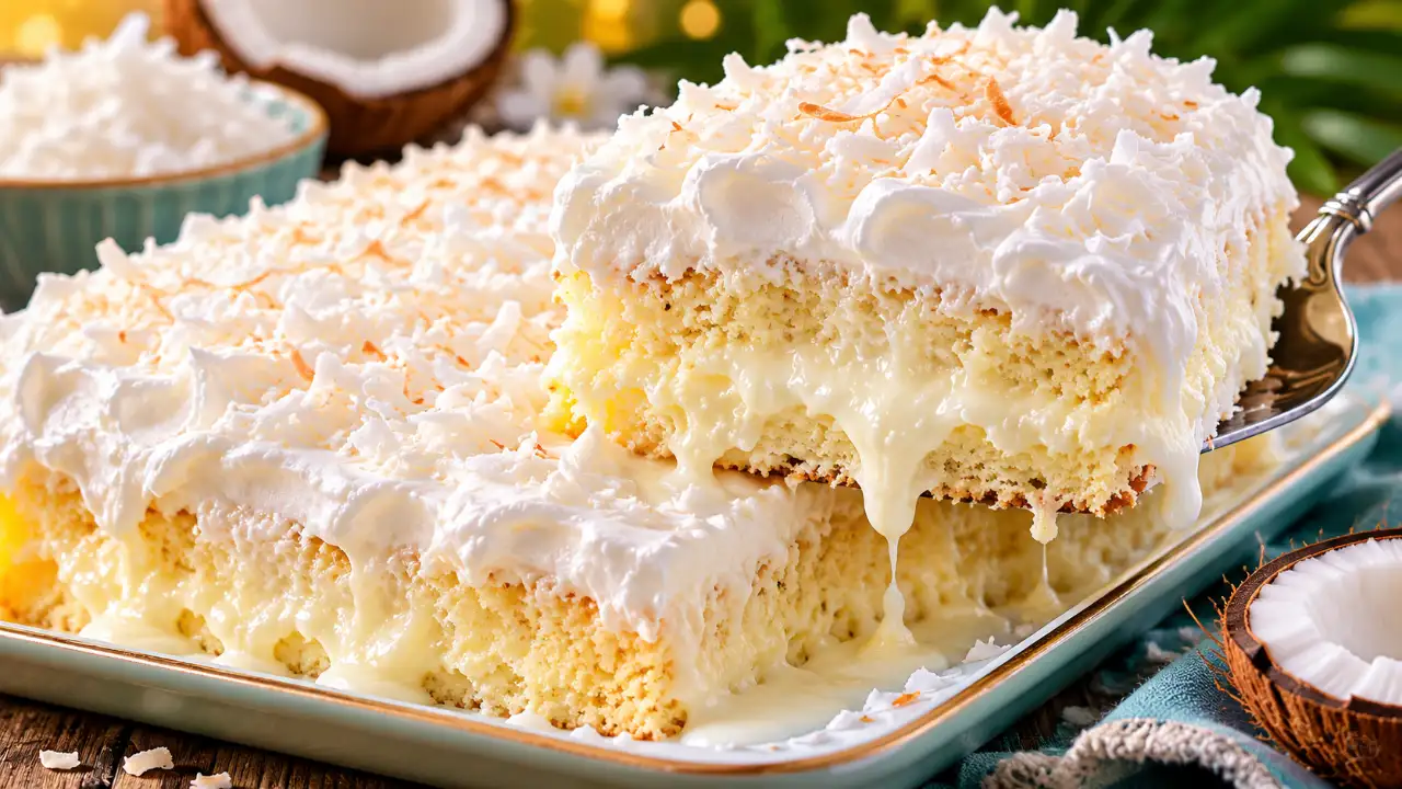 Ultra-moist creamy coconut dream cake soaked in coconut cream, topped with fluffy whipped cream and shredded coconut.