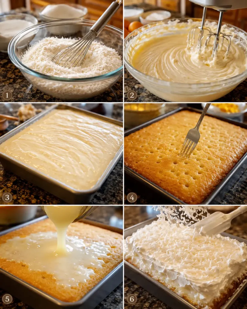 Step-by-step collage showing shredded coconut being mixed, creamy coconut cake batter prepared, batter poured into a baking pan, baked cake poked with holes, coconut cream soak poured over the cake, and whipped coconut topping spread over the finished dessert.