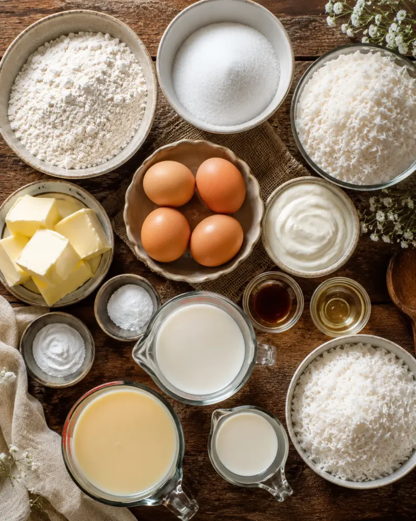 Ingredients for creamy coconut dream cake arranged on a rustic wooden table, including flour, sugar, butter, eggs, coconut milk, condensed milk, cream, and shredded coconut.
