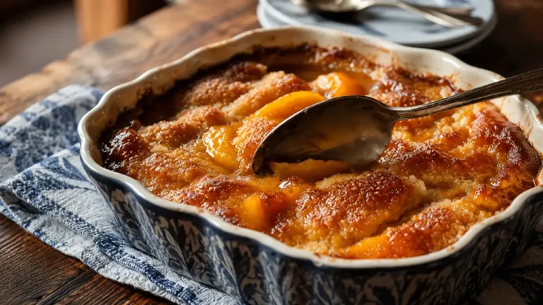 Southern old-fashioned oven-baked peach cobbler in a blue and white ceramic casserole dish with golden buttery topping, syrupy peaches, and a serving spoon.