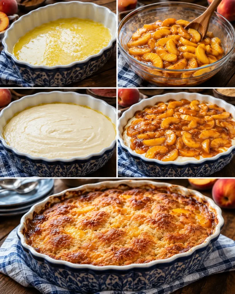Step-by-step collage showing melted butter, cinnamon-spiced peaches, cobbler batter, peach filling, and the finished golden Southern peach cobbler in a blue and white baking dish.