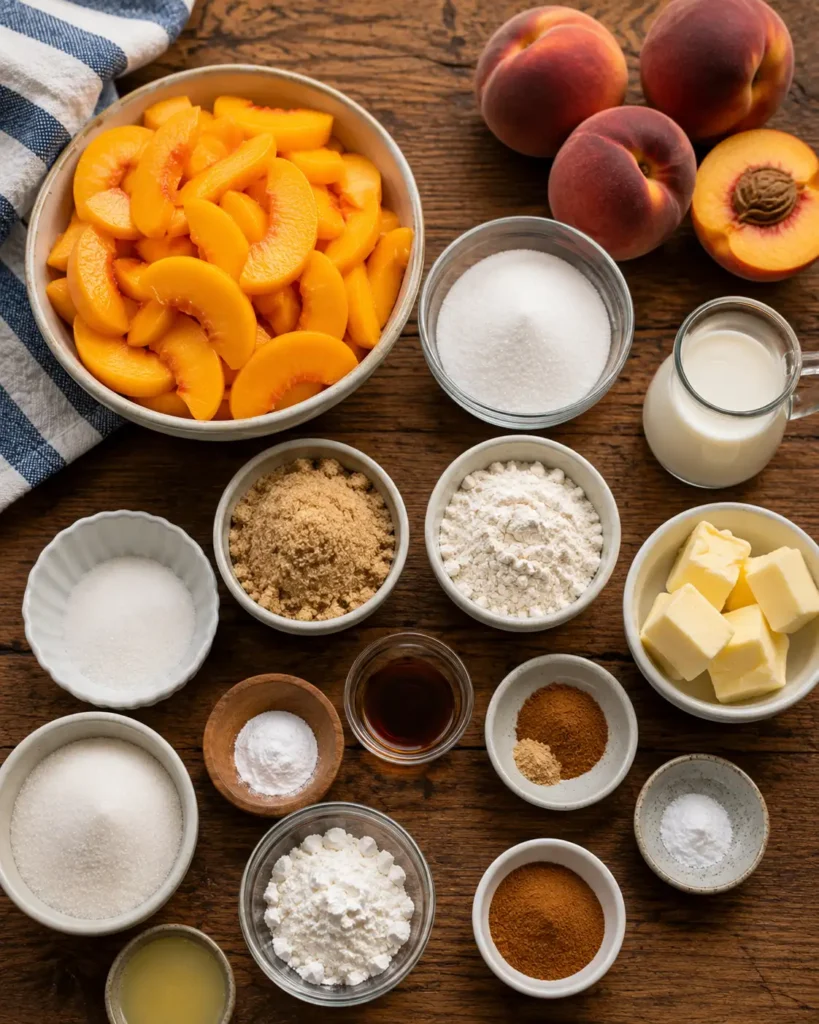 Overhead view of fresh peaches, sliced peaches, butter, flour, sugar, milk, cinnamon, nutmeg, vanilla, lemon juice, and baking ingredients for Southern old-fashioned peach cobbler.