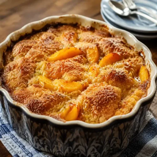 Southern old-fashioned oven-baked peach cobbler recipe card featuring golden buttery cobbler topping and tender cinnamon-spiced peaches.