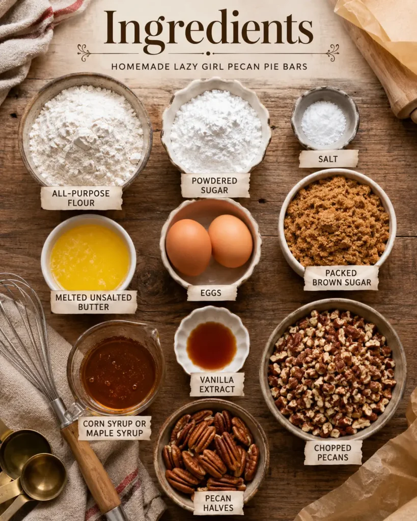 Ingredients for homemade Lazy Girl Pecan Pie Bars including pecans, brown sugar, butter, eggs, flour, and maple syrup