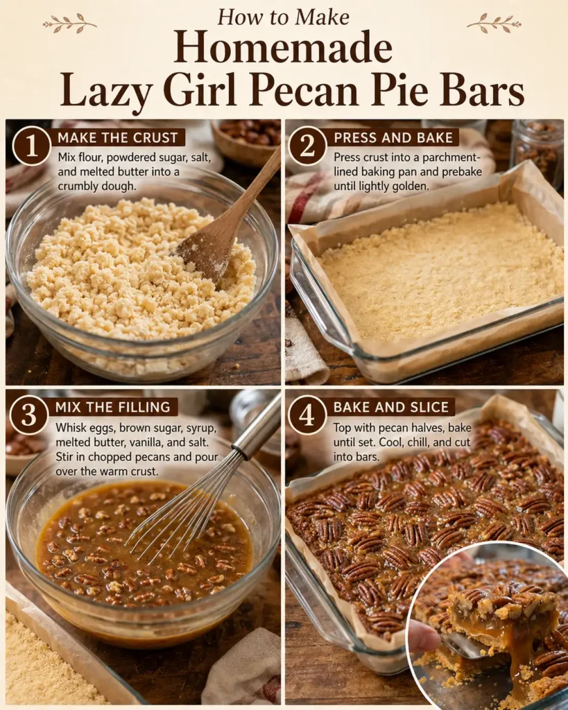 Step-by-step process for making homemade Lazy Girl Pecan Pie Bars with buttery crust and gooey pecan filling