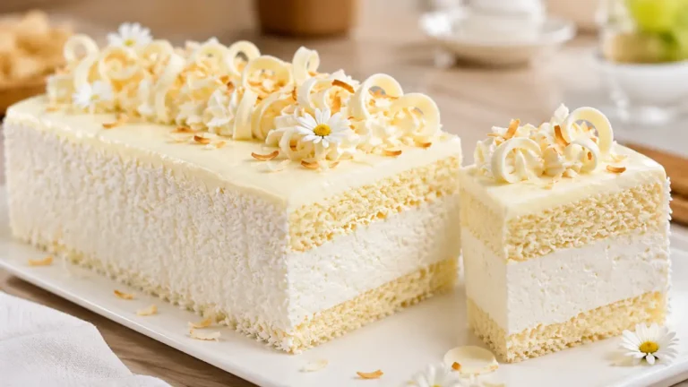 15-minute white chocolate coconut mousse cake with creamy coconut filling, soft vanilla cake layers, shredded coconut, and white chocolate curls