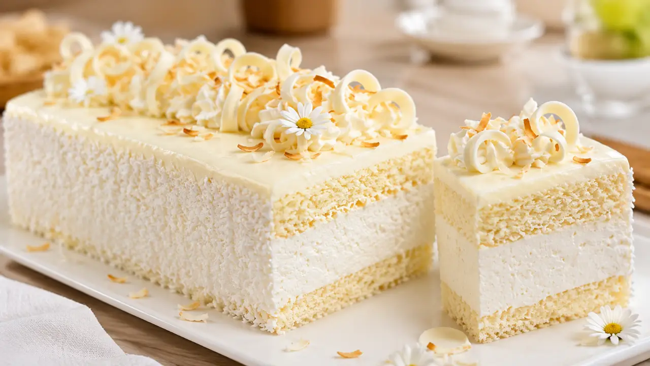 15-minute white chocolate coconut mousse cake with creamy coconut filling, soft vanilla cake layers, shredded coconut, and white chocolate curls