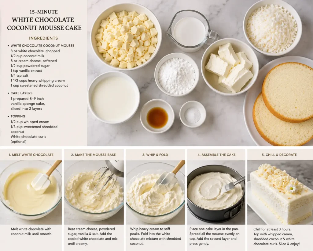 Step-by-step white chocolate coconut mousse cake recipe showing ingredients, melted white chocolate, whipped mousse, cake assembly, and chilled coconut cake