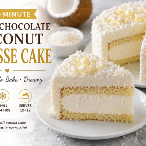 15-minute white chocolate coconut mousse cake recipe graphic with creamy coconut mousse, vanilla cake layers, shredded coconut, white chocolate curls, and preparation details
