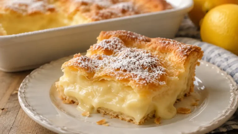 Magic Lemon Custard Cobbler with flaky golden topping and creamy lemon pudding center