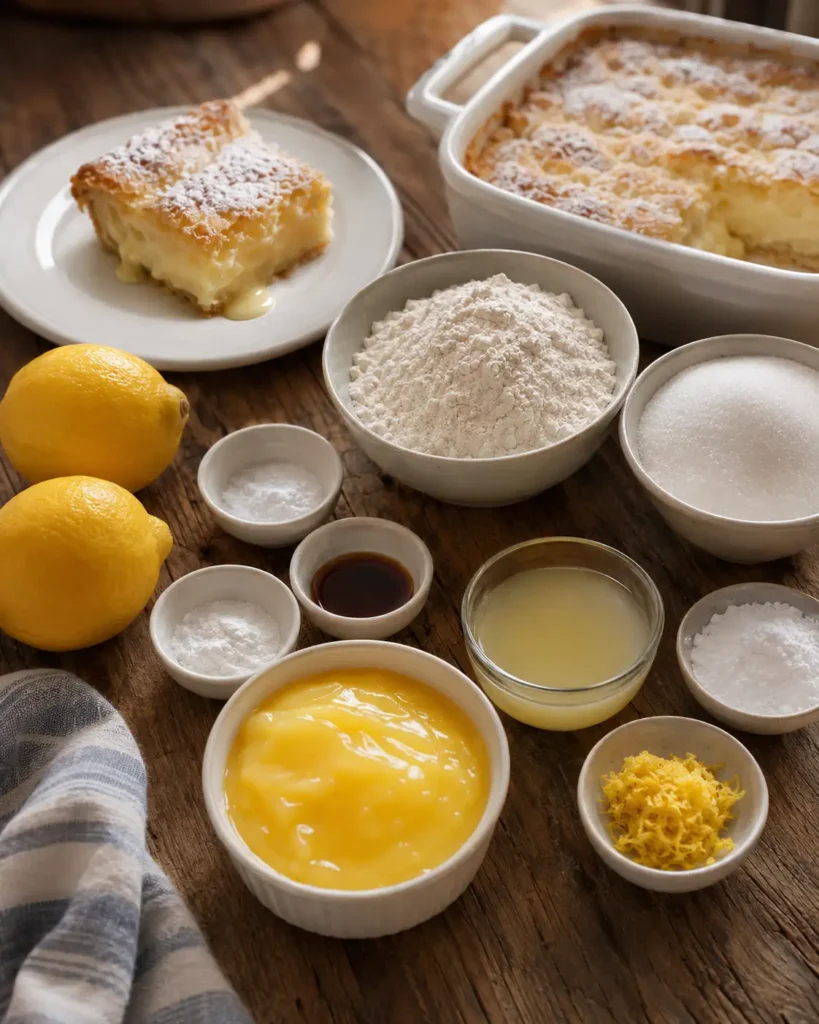 Ingredients for Magic Lemon Custard Cobbler including lemons, flour, sugar, lemon filling, and