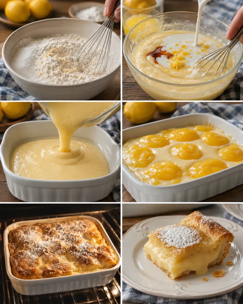 Step-by-step process for making Magic Lemon Custard Cobbler from batter to creamy baked lemon dessert