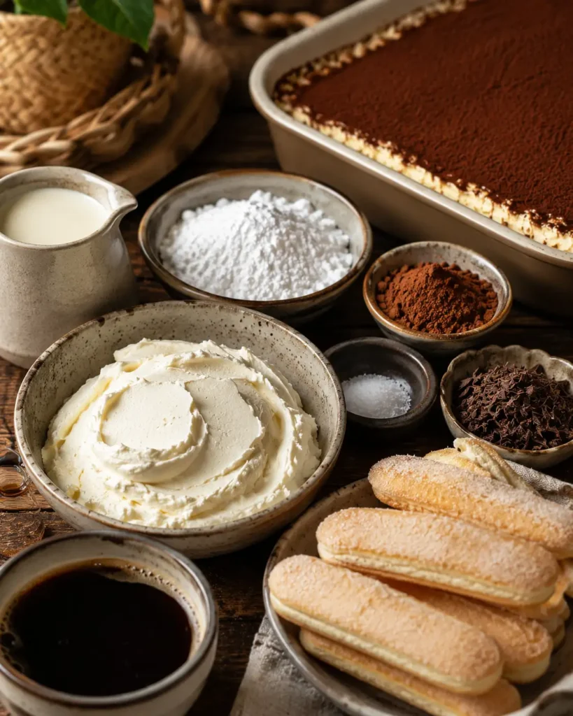 Ingredients for creamy tiramisu casserole including mascarpone cream, ladyfingers, coffee, cocoa powder, powdered sugar, and chocolate