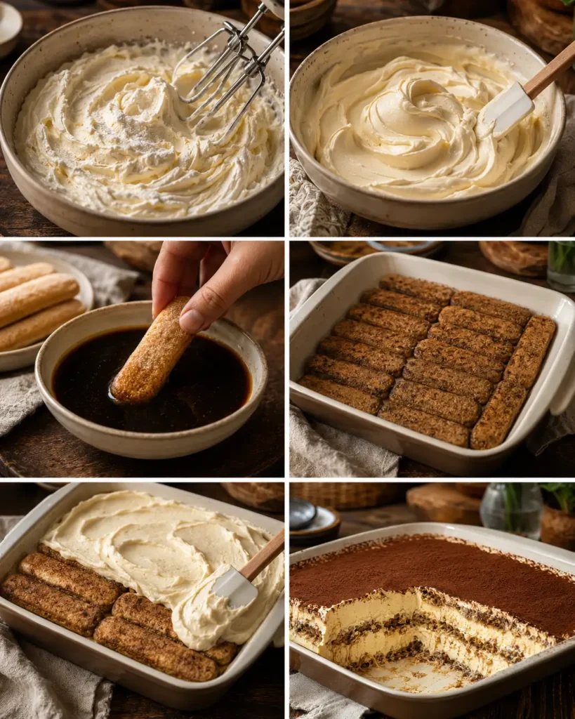Step-by-step process for making creamy tiramisu casserole with whipped mascarpone cream, coffee-dipped ladyfingers, and cocoa topping