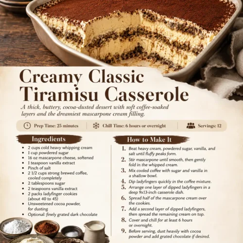 Recipe card for creamy classic tiramisu casserole with ingredients, preparation time, chilling time, and easy step-by-step instructions