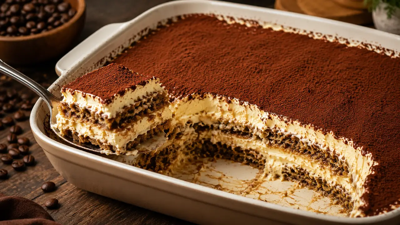 Creamy classic tiramisu casserole with thick mascarpone layers, coffee-soaked ladyfingers, and cocoa powder topping