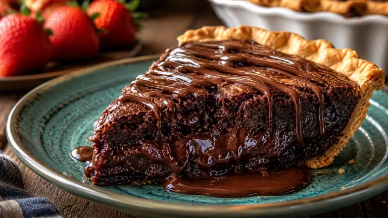 Close-up slice of gooey chocolate fudge pie with a flaky crust and warm melted chocolate drizzle