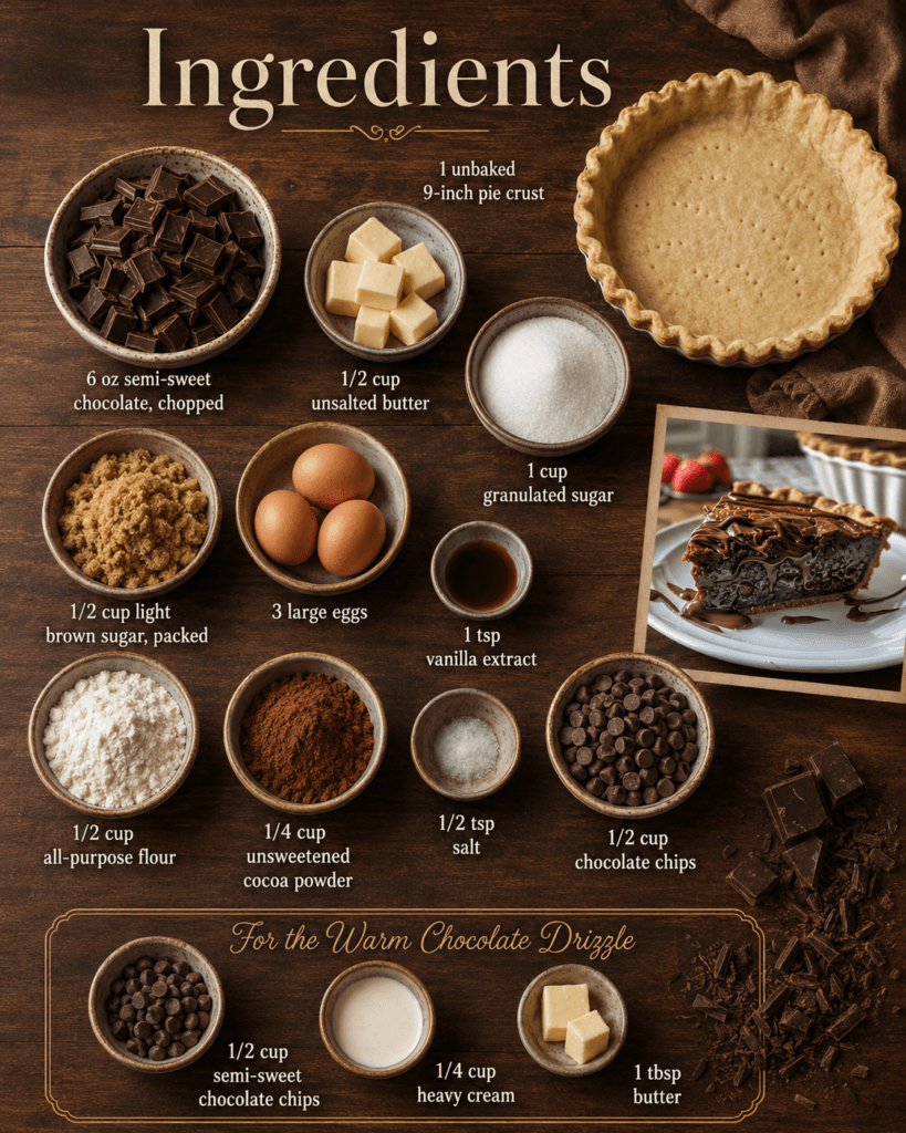 Ingredients for gooey chocolate fudge pie including pie crust, chocolate, butter, eggs, sugars, cocoa powder, flour, and cream