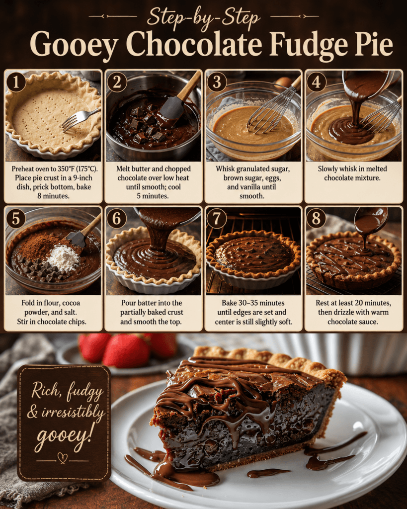 Step-by-step preparation of gooey chocolate fudge pie from baking the crust to adding warm chocolate drizzle